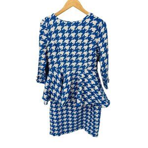 Dainty Jewell's 2 Piece Skirt Peplum Top Set Womens L White Blue Houndstooth Pla